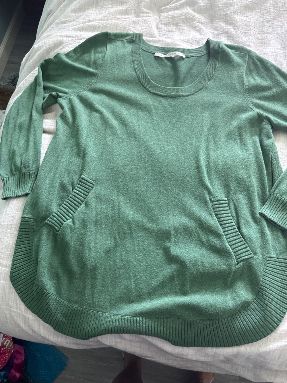 Max Studio pale  Green Crewneck Sweater with Pocket Accents